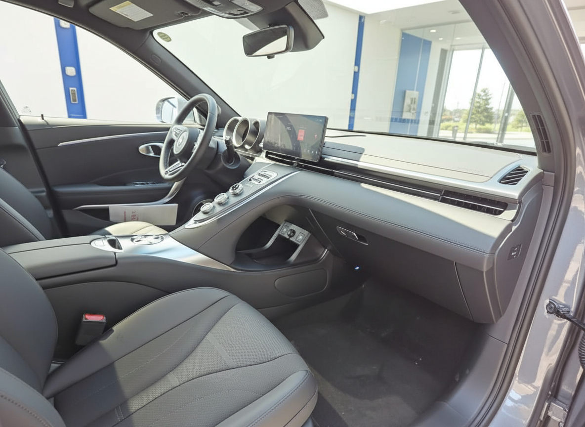 Fahrzeug Innenraum mit schwarzem Leder, Touchscreen-Infotainment und modernem Cockpit