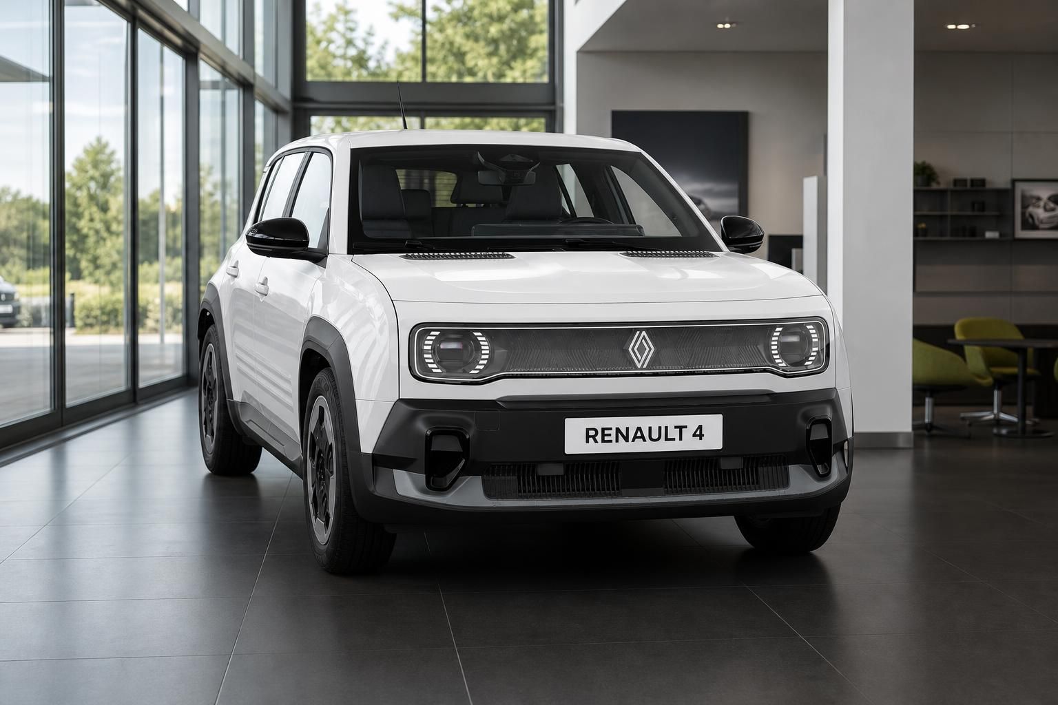 Renault 4 in Weiß, Frontansicht im Autohaus-Showroom