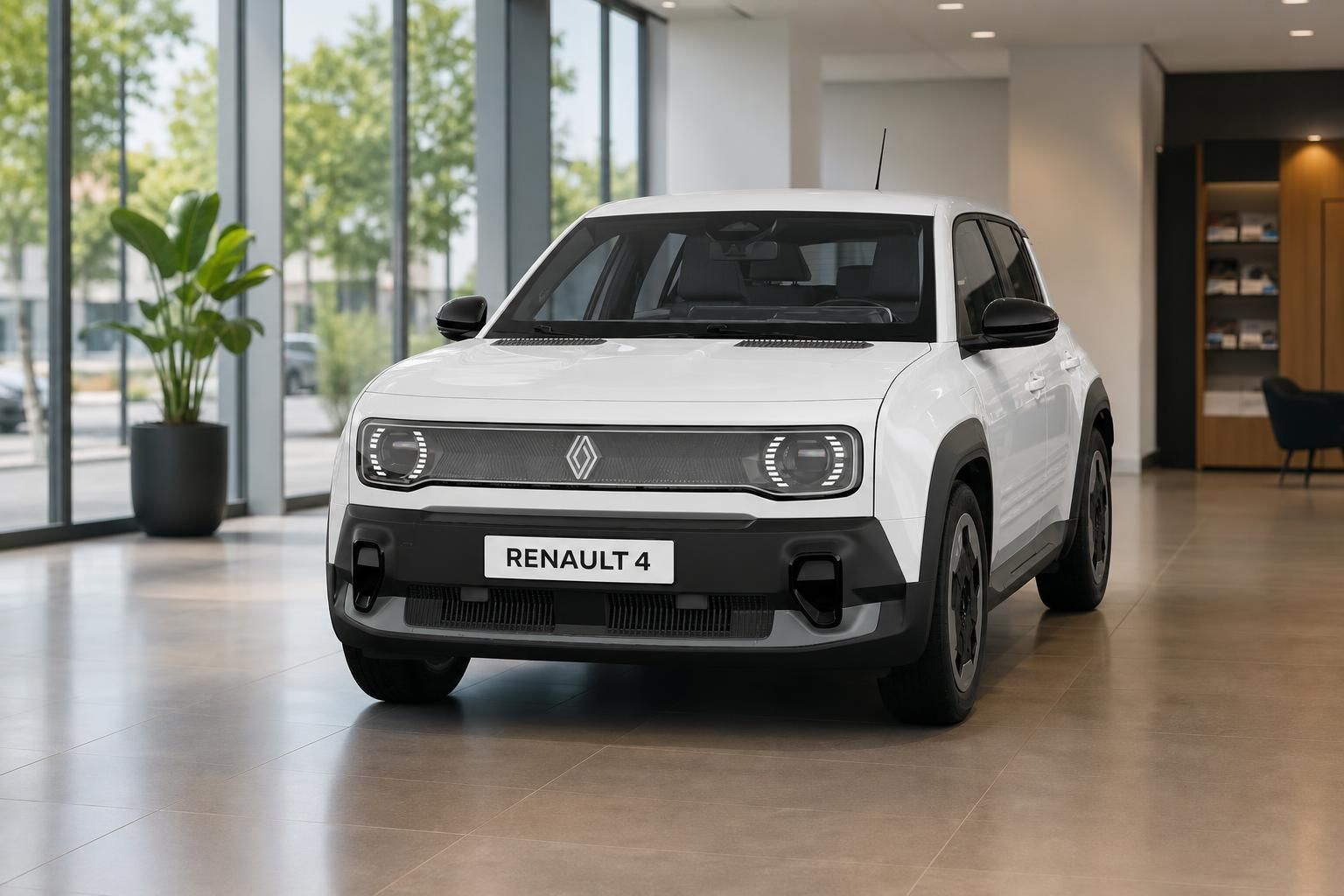 Weißer Renault 4 von vorne im modernen Showroom ausgestellt