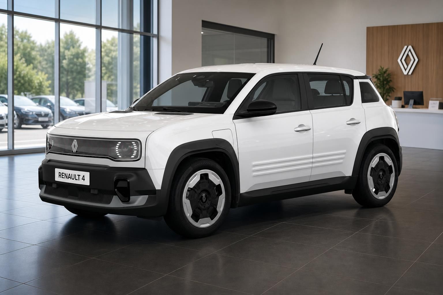 Weißer Renault 4 E-Tech Frontansicht im Autohaus Showroom