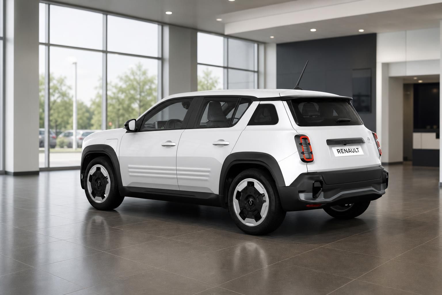 Renault 4 E-Tech weiß Heckansicht im Showroom des Autohauses