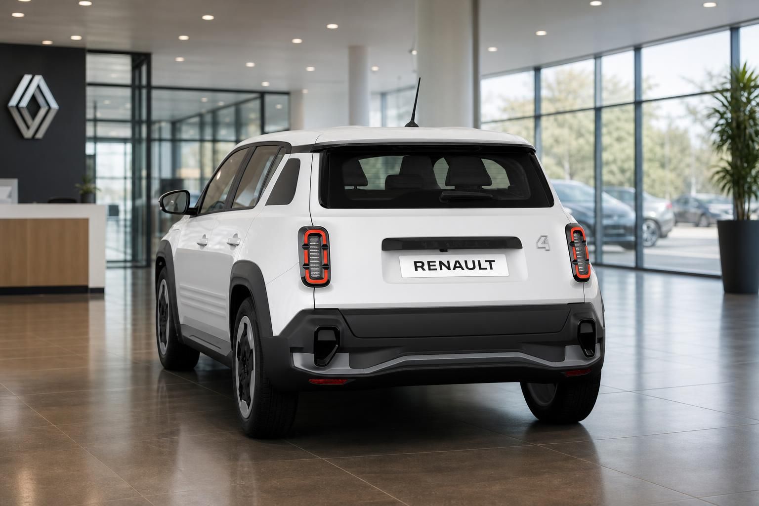 Renault 4 E-Tech weiß Heckleuchten Detailansicht im Showroom
