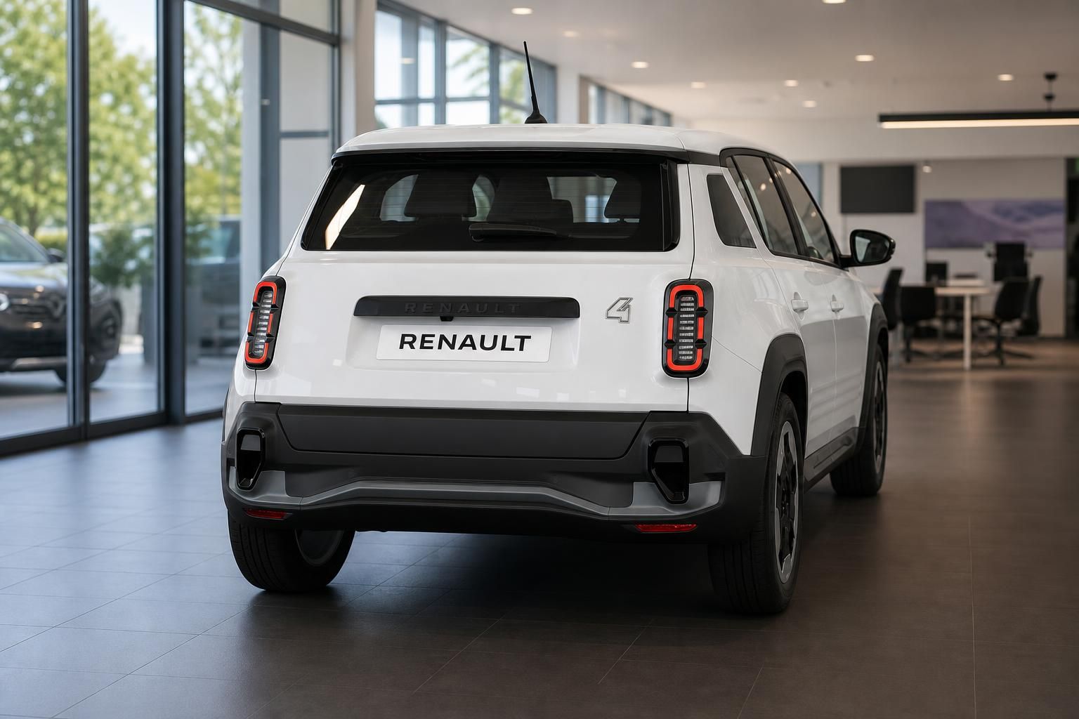 Renault 4 weiss, direkte Heckansicht mit Kennzeichenhalter im Showroom