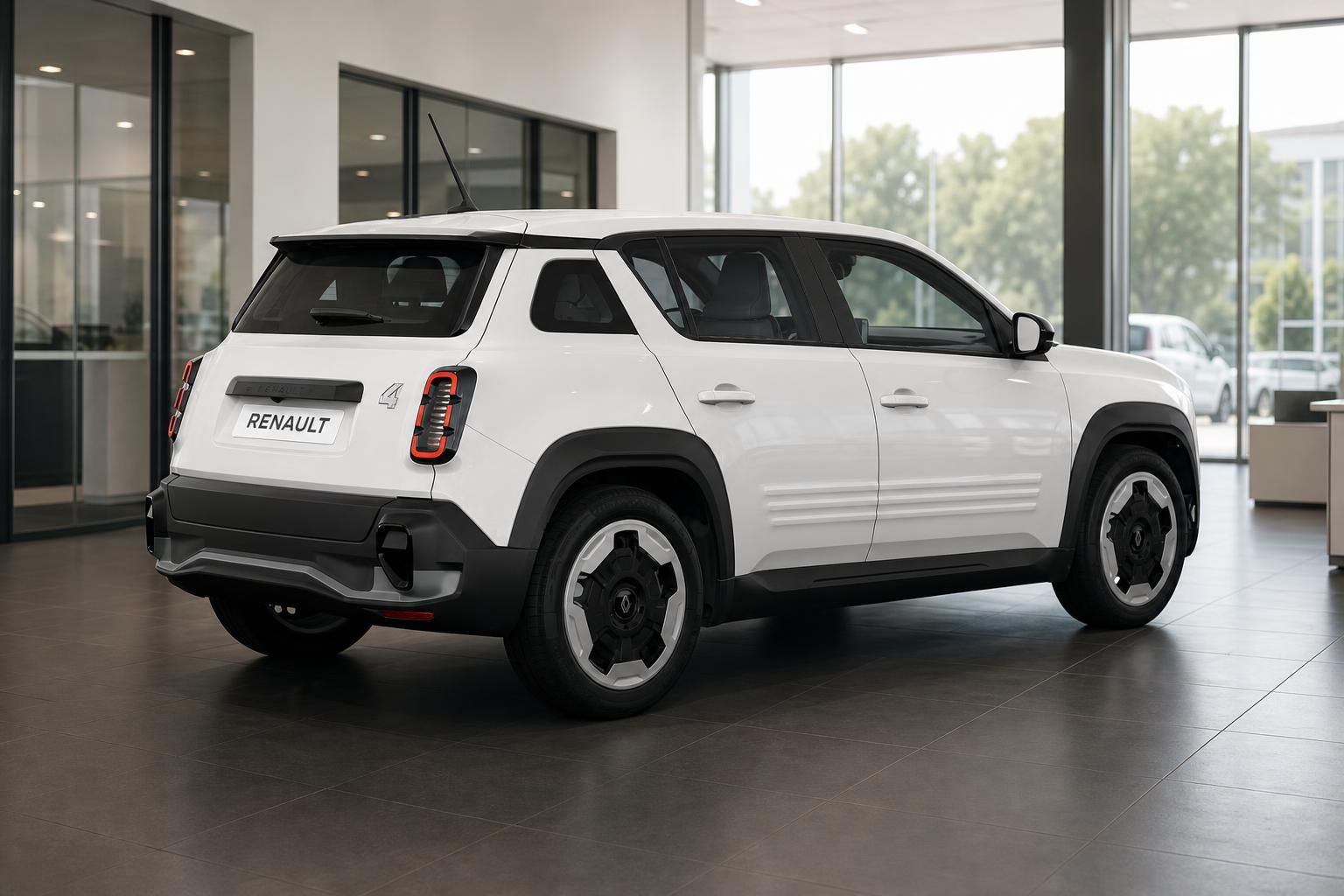 Renault 4 in Weiss, Heckansicht schraeg im Autohaus-Showroom