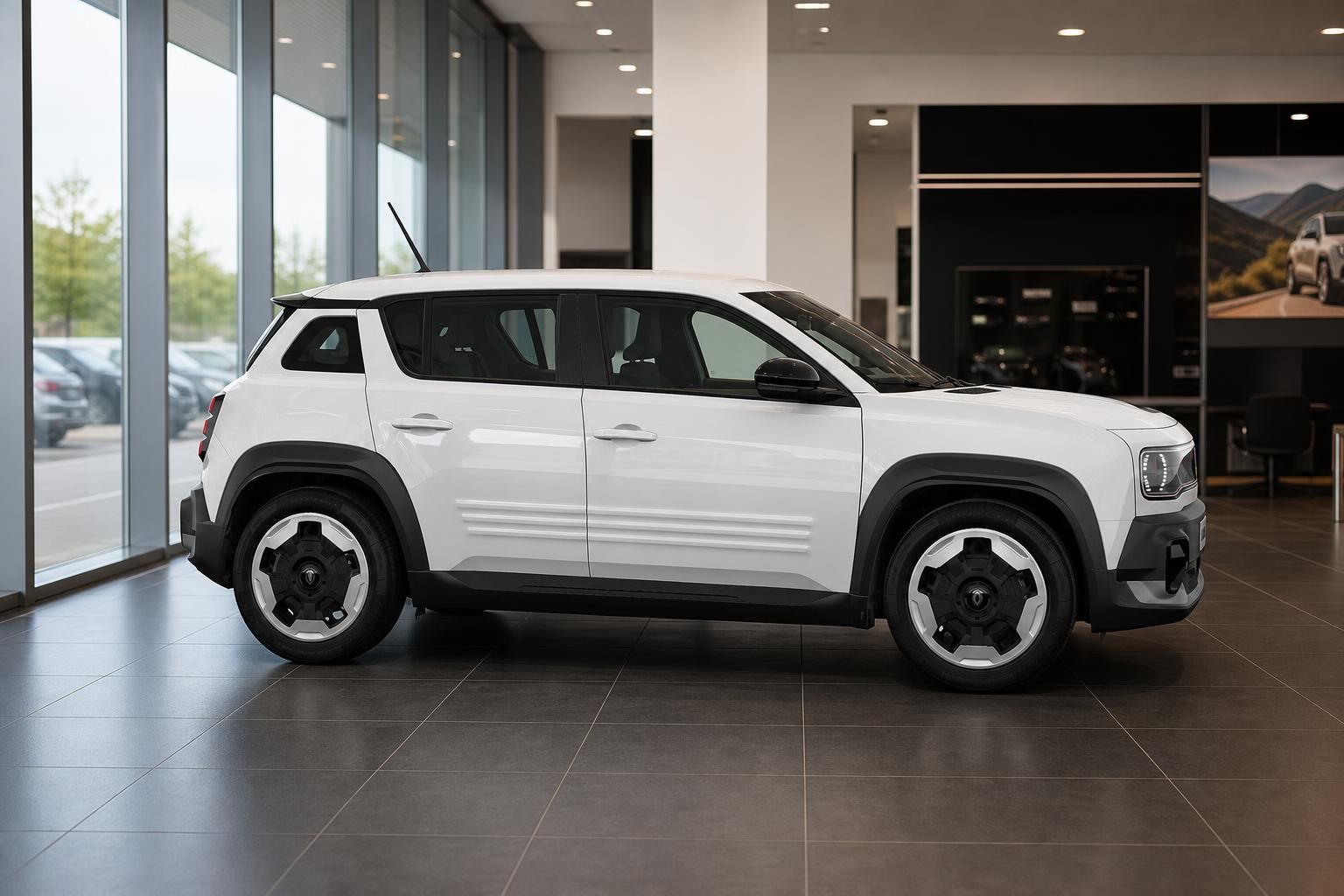 Weisser Renault 4 SUV, Seitenansicht im Showroom mit Glasfront