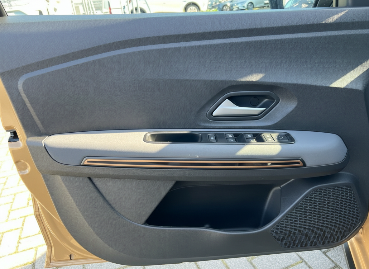 Fahrzeugtür Innenansicht mit Fensterheber-Schaltern und Türgriff in dunkelgrauem Interieur