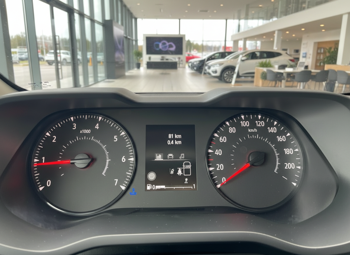 Fahrzeug-Cockpit mit Tachometer und Drehzahlmesser, 81 km Reichweite, Autohaus im Hintergrund