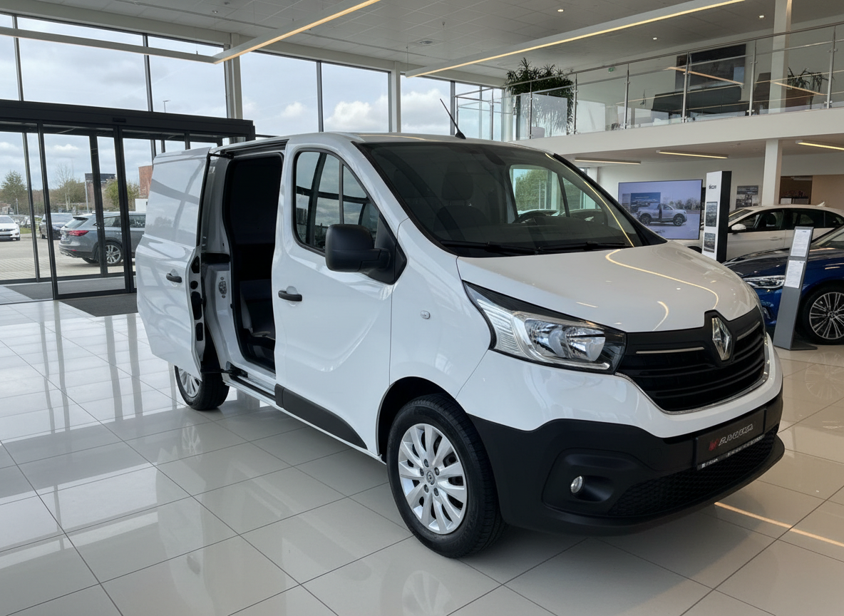 Weißer Renault Trafic Kastenwagen mit offener Schiebetür im Autohaus-Showroom