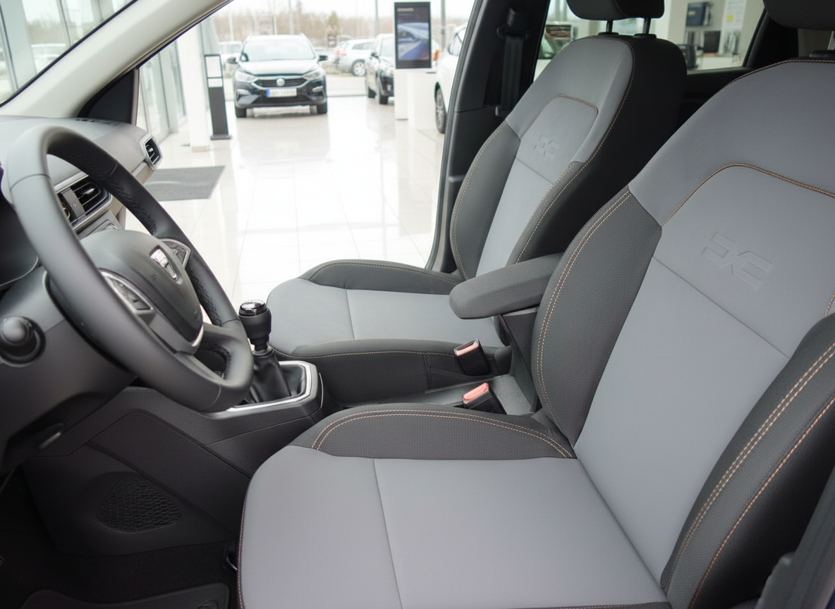 Fahrzeuginnenraum mit grauen Sitzen und orangefarbener Kontrastnaht, Schaltgetriebe und Lenkrad