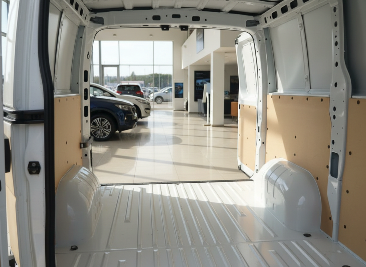 Laderaum eines weißen Transporter-Vans mit Holzverkleidung in einem Autohaus