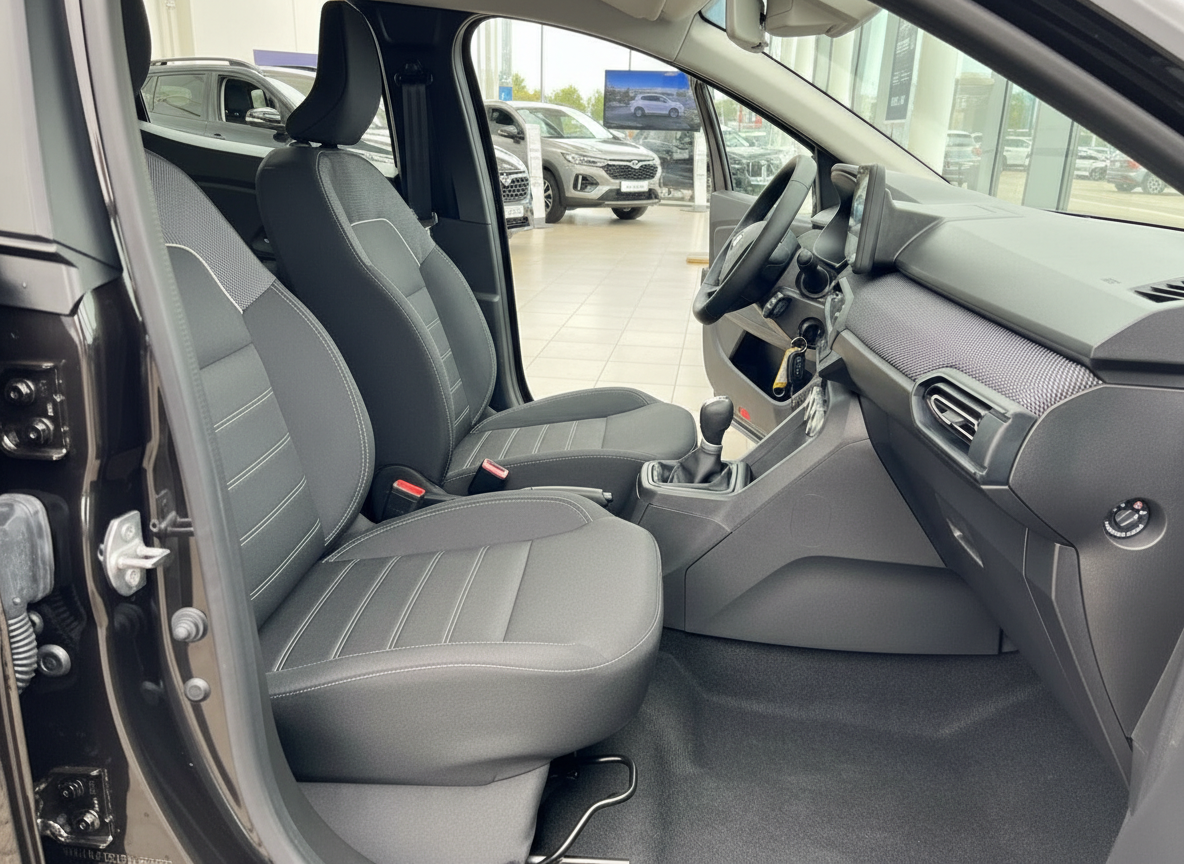 Innenraum Vordersitze und Cockpit mit Stoffsitzen und Schaltgetriebe im Autohaus