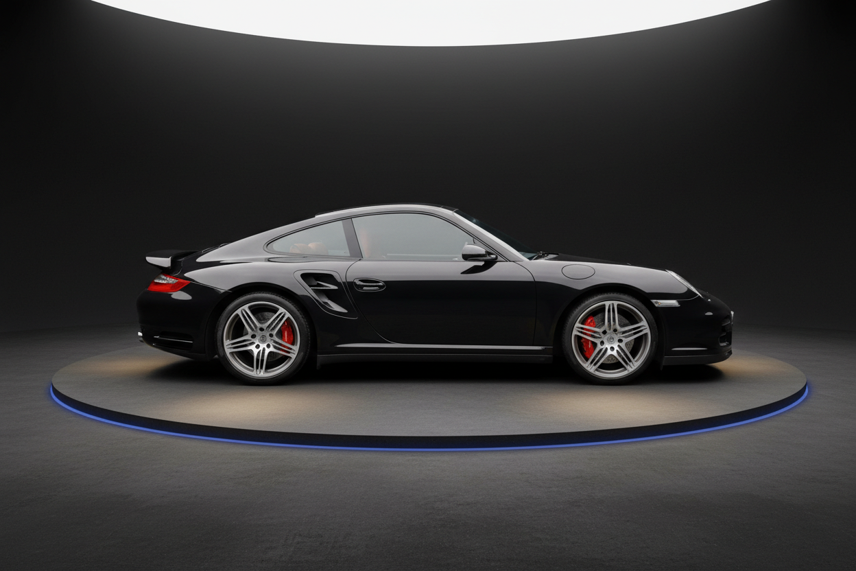 Schwarzer Porsche 911 Turbo Seitenansicht im Showroom mit silbernen Felgen und roten Bremssätteln auf rundem Podest mit blauer LED-Beleuchtung