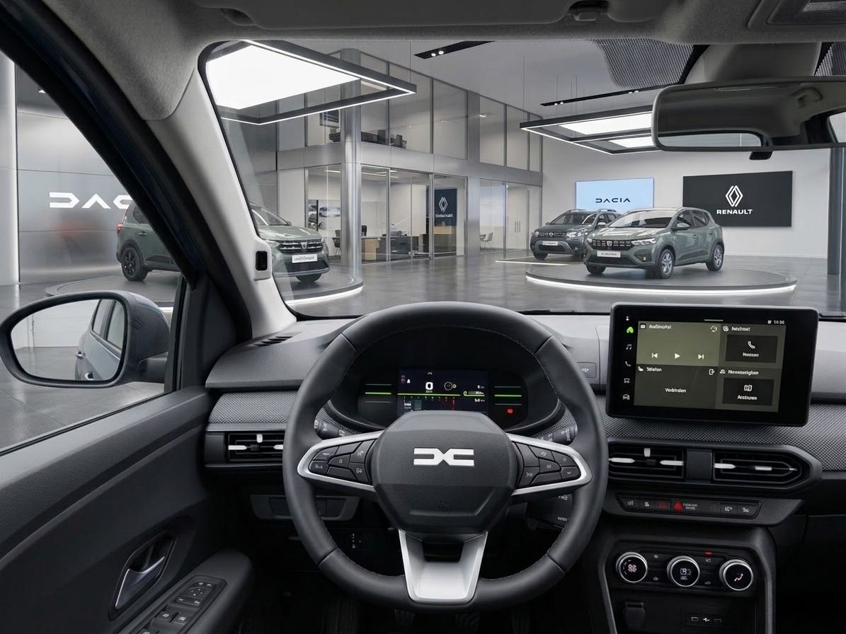 Dacia Fahrzeug Innenansicht mit digitalem Cockpit und Blick auf Autohaus-Showroom
