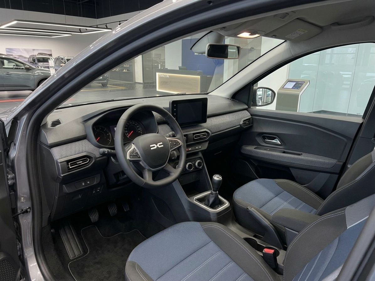 Dacia Sandero Innenraum mit grau-blauer Stoffausstattung und modernem Armaturenbrett