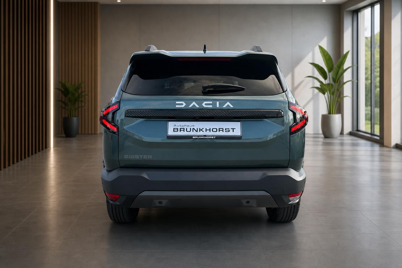 Dacia Bigster SUV Heckansicht in grün im modernen Showroom