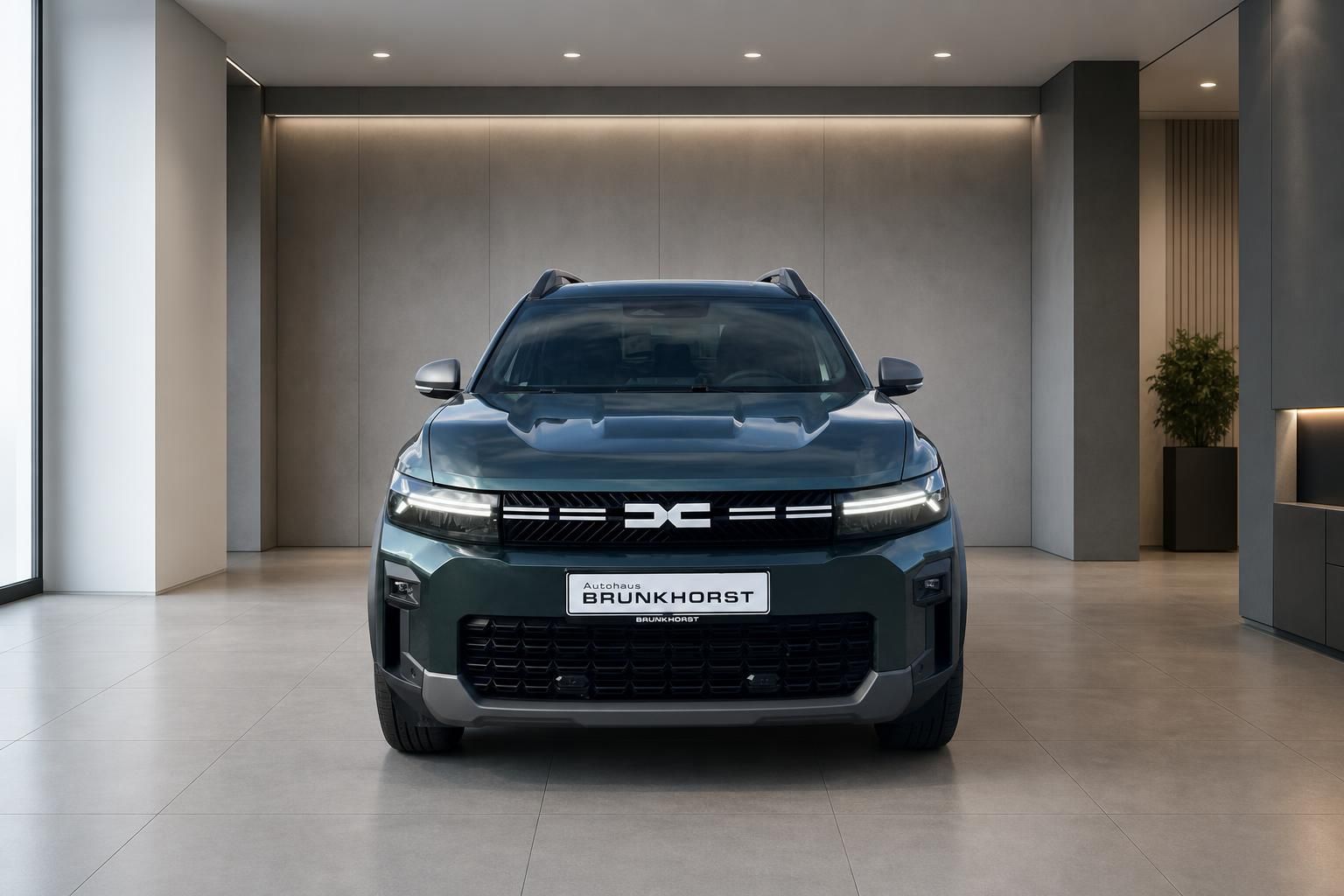 Dacia SUV Frontansicht direkt in grün im modernen Showroom