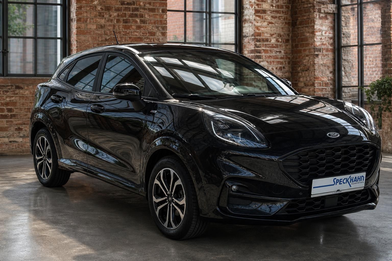 Ford Puma schwarz Frontansicht seitlich, moderner Kompakt-SUV