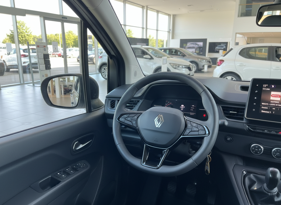 Renault Innenraum mit Lenkrad, Touchscreen und Schaltgetriebe im Autohaus
