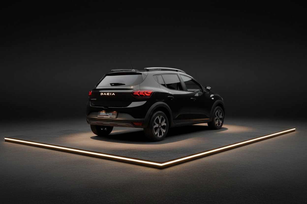 Schwarzer Dacia Sandero Stepway SUV Heckansicht in professionellem Studio-Setting