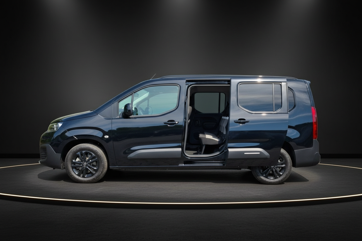 Opel Combo Life XL in Dunkelblau mit geöffneter Schiebetür, Seitenansicht auf dunklem Studiohintergrund