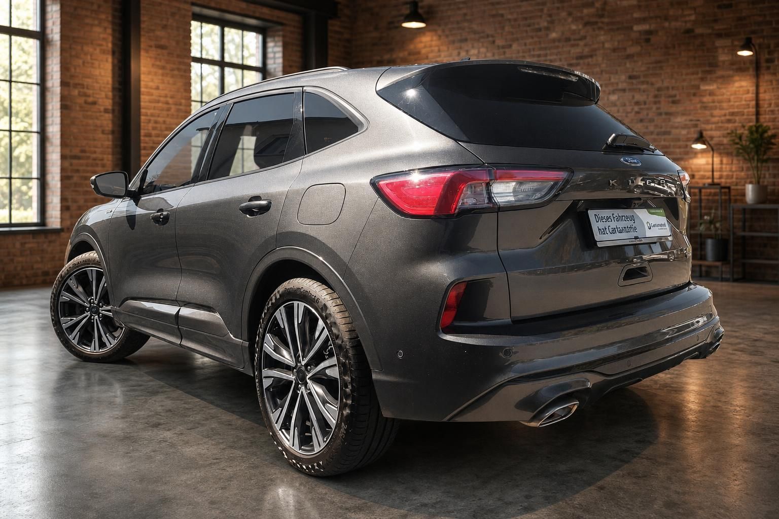 Ford Kuga ST-Line grau metallic Heckansicht schräg links mit CarGarantie-Kennzeichenhalter