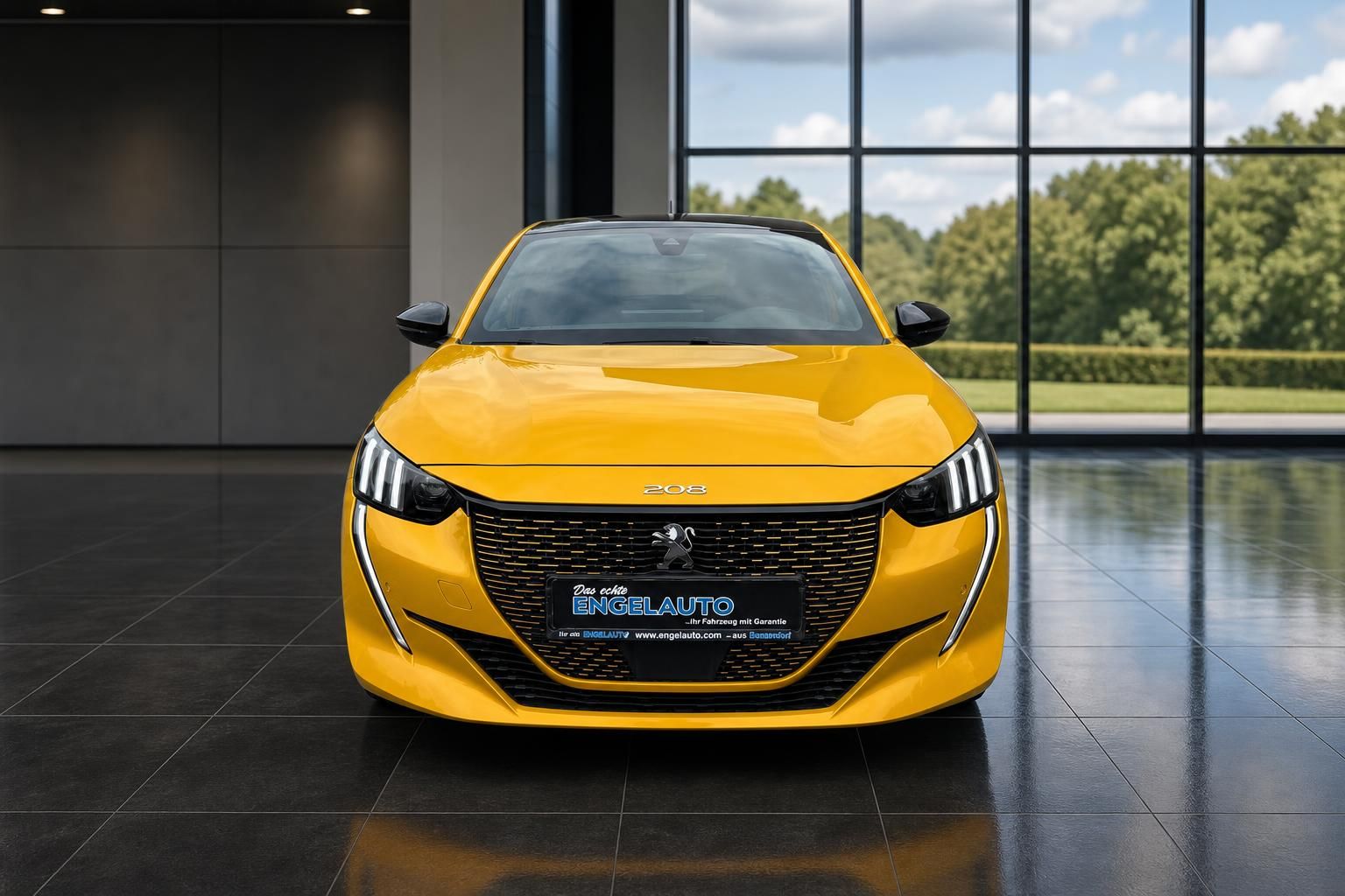 Peugeot 208 gelb, Frontansicht in modernem Autohaus