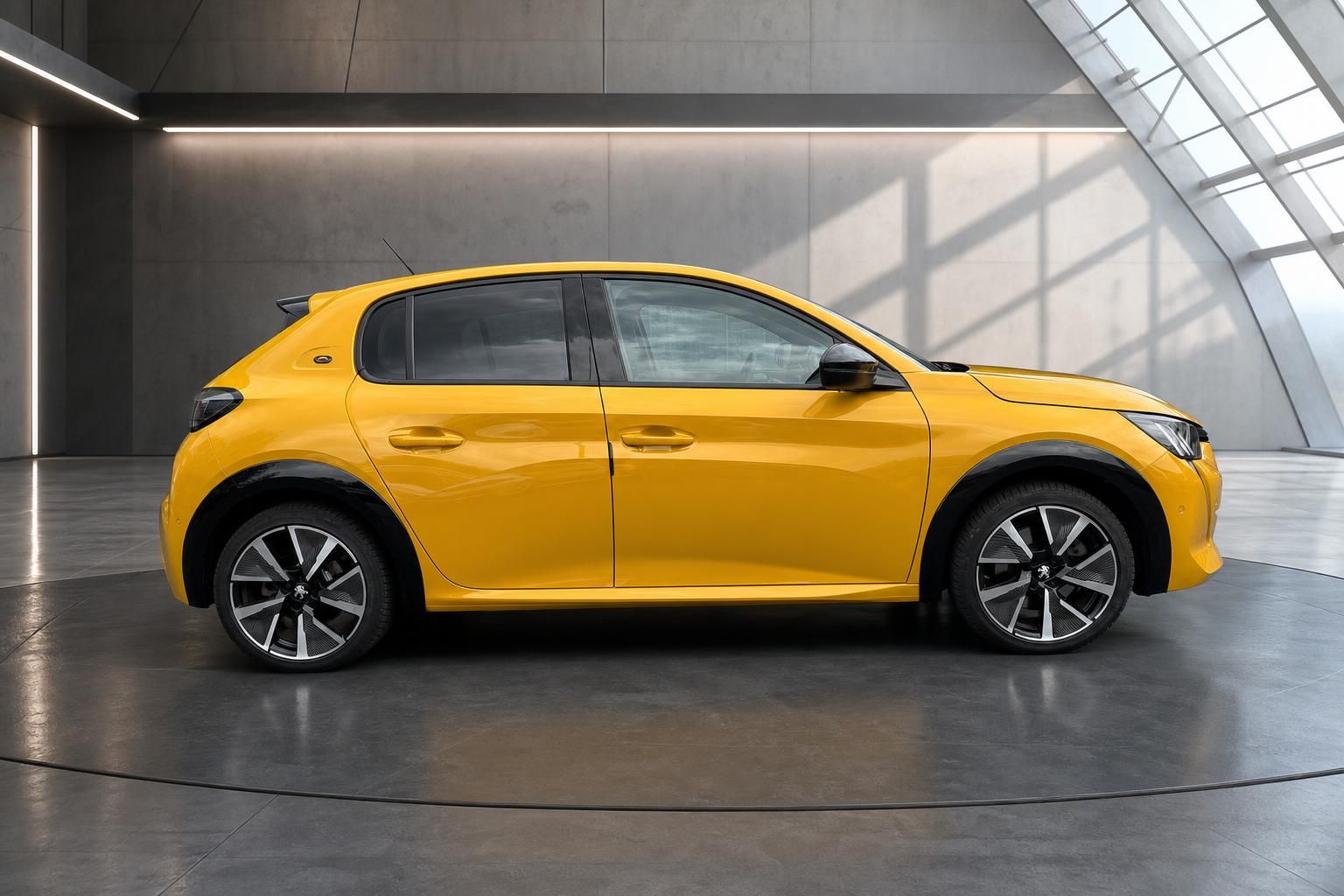 Peugeot e-208 in Gelb, Seitenansicht mit Leichtmetallfelgen