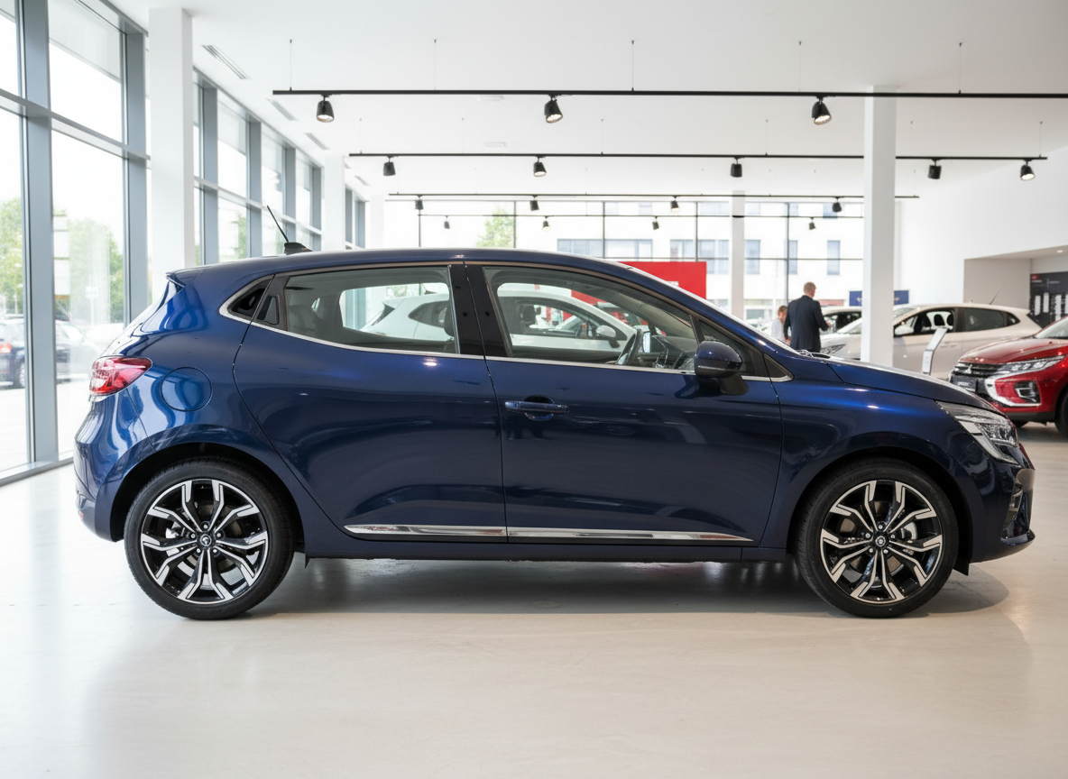 Renault Clio V in Dunkelblau Seitenansicht im Autohaus Showroom