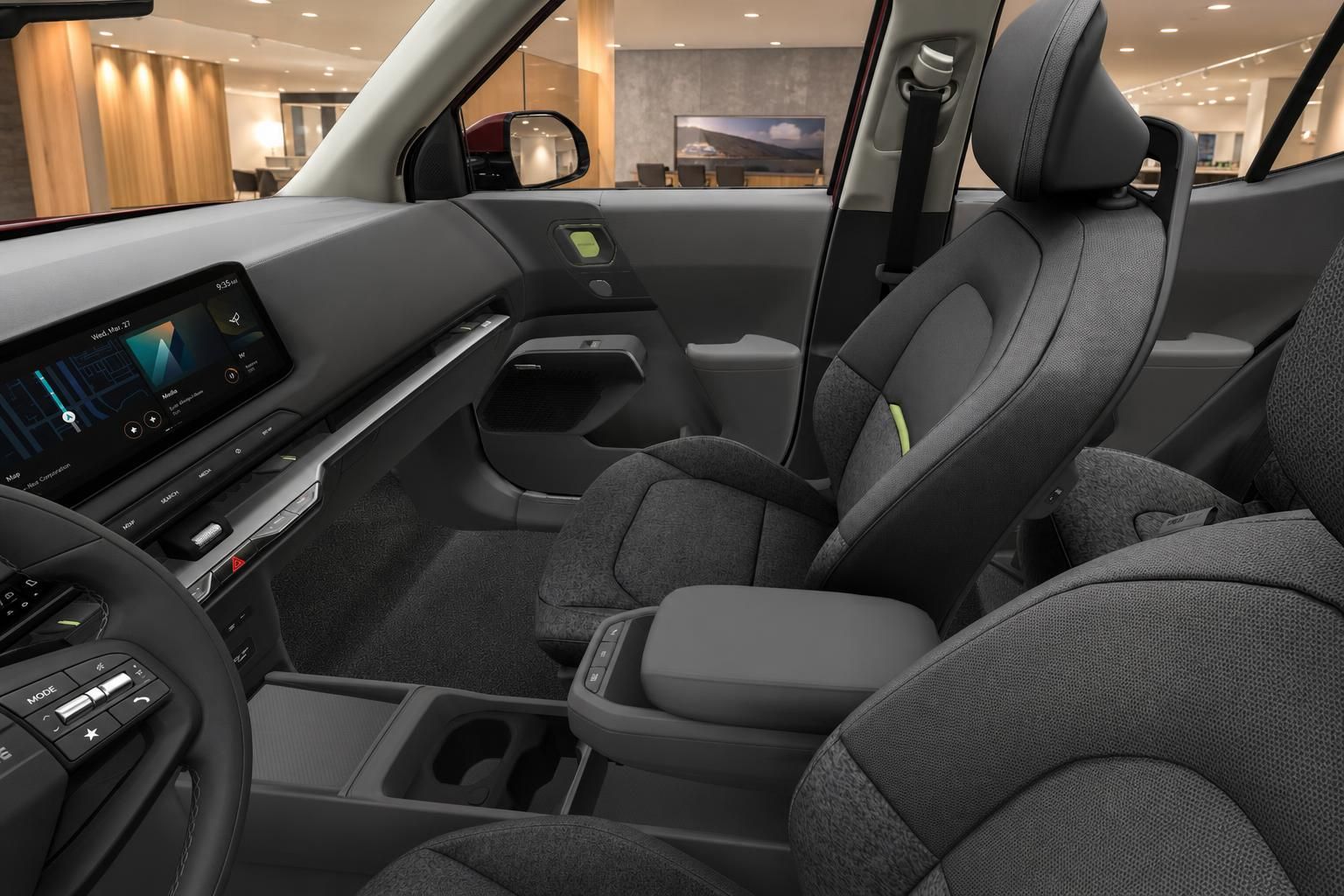 Kia EV2 Innenraum mit Sitzen und Digitalcockpit im Detail