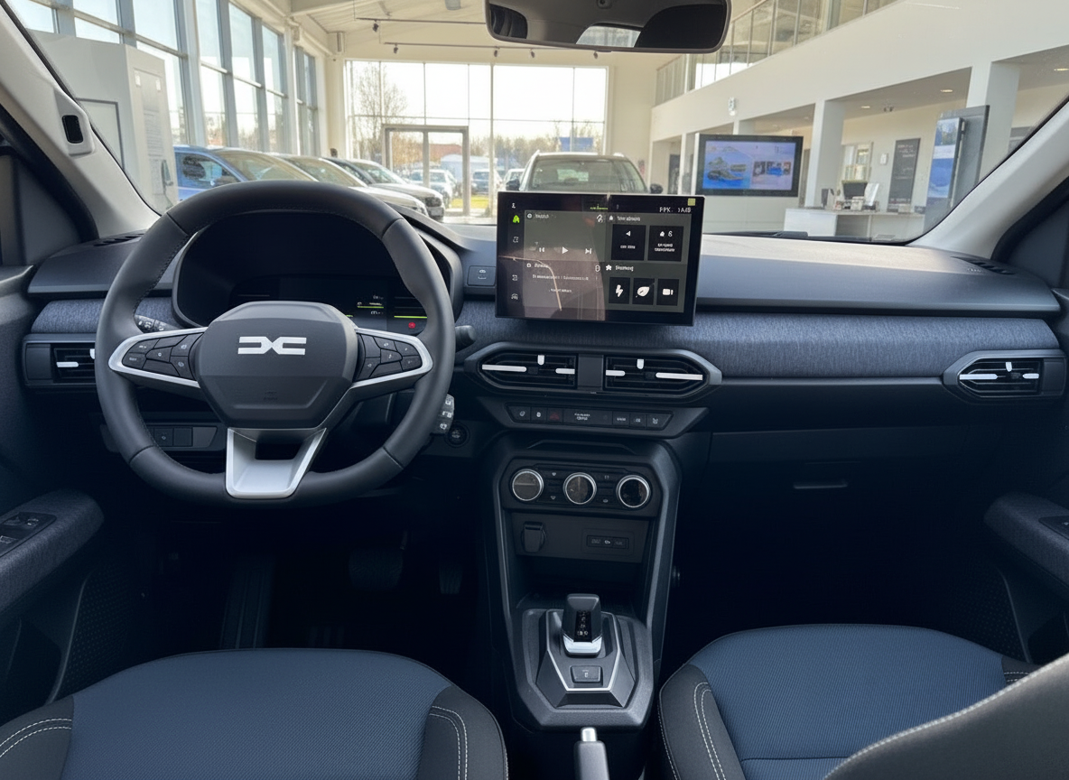 Dacia Innenraum mit digitalem Cockpit, Touchscreen-Infotainment und modernem Armaturenbrett