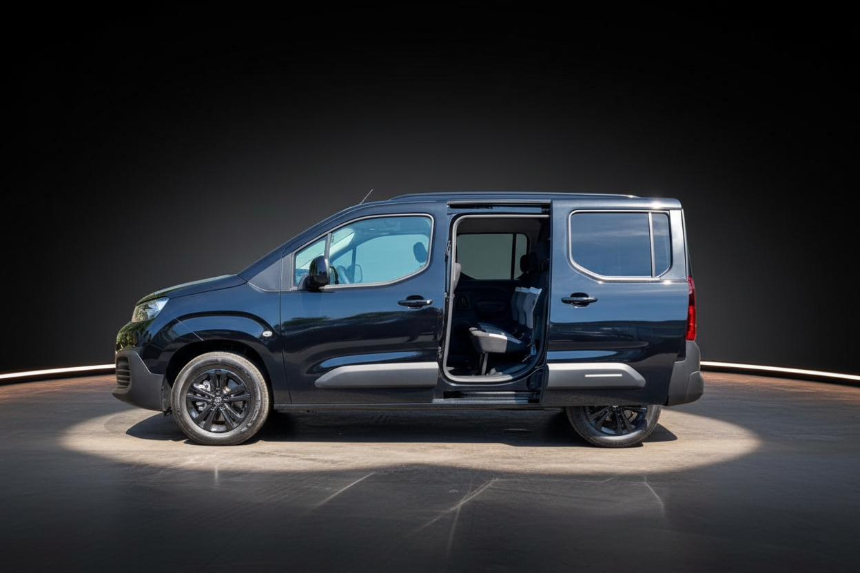 Dunkelblauer Opel Combo Life XL Seitenansicht mit geöffneter Schiebetür im Studio