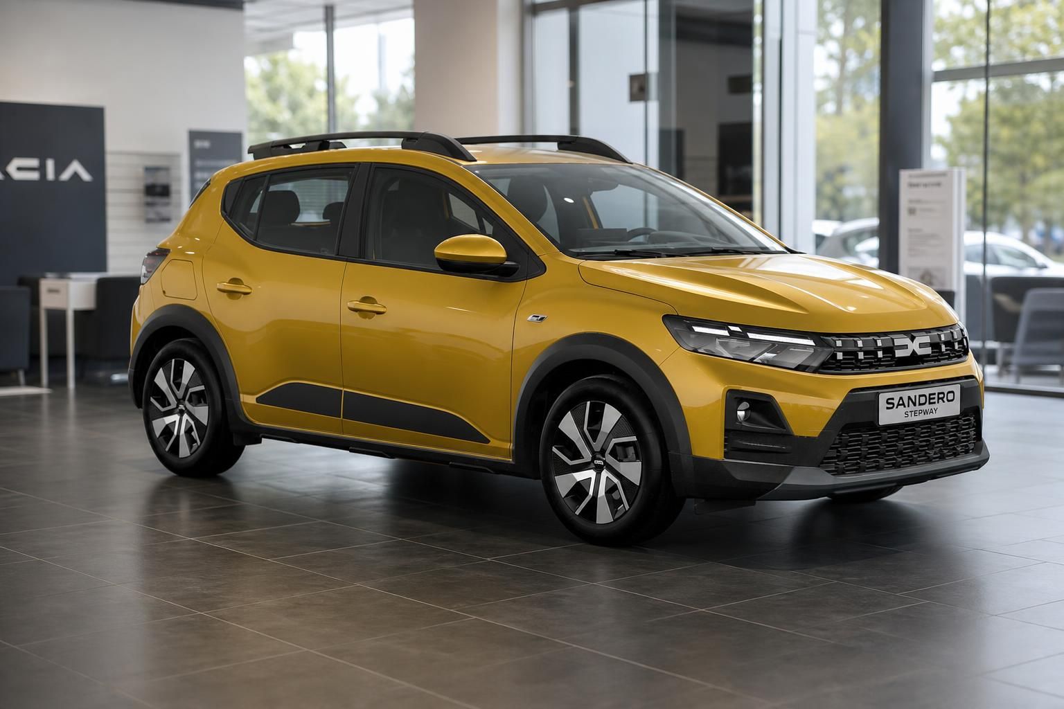 Dacia Sandero Stepway gelb Frontansicht im Autohaus Showroom