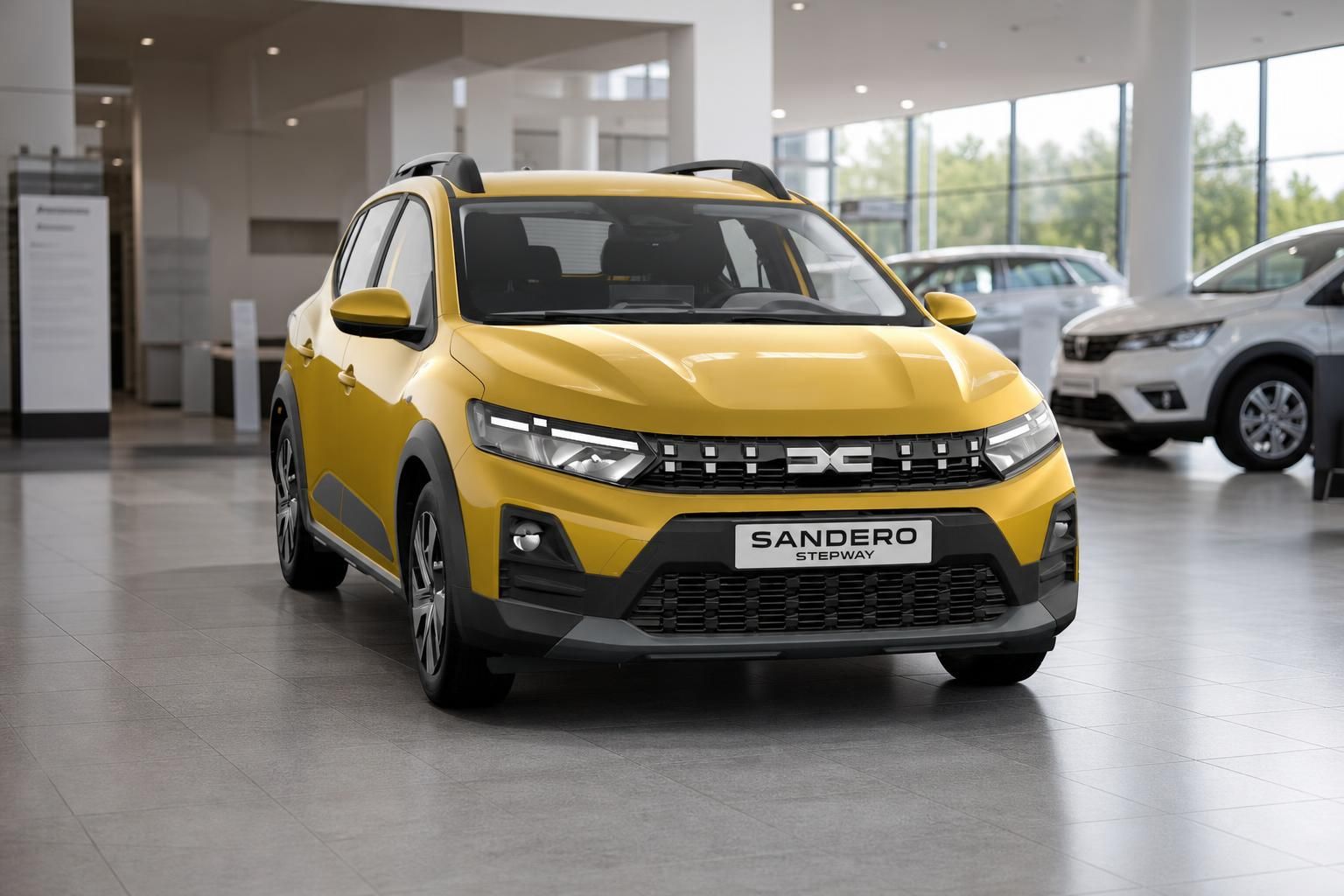 Dacia Sandero Stepway gelb in Frontansicht im Autohaus