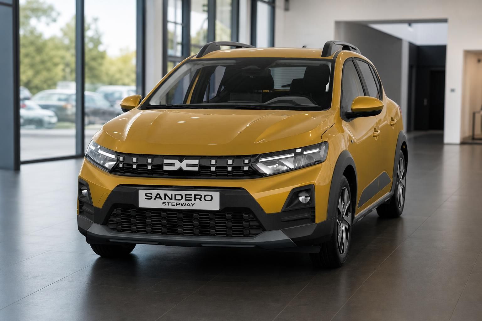 Dacia Sandero Stepway gelb Frontperspektive im Showroom