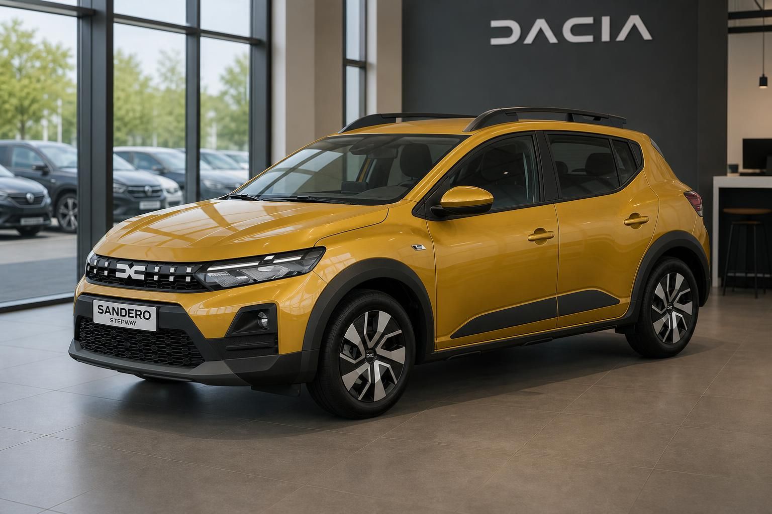 Dacia Sandero Stepway gelb Frontansicht im Autohaus