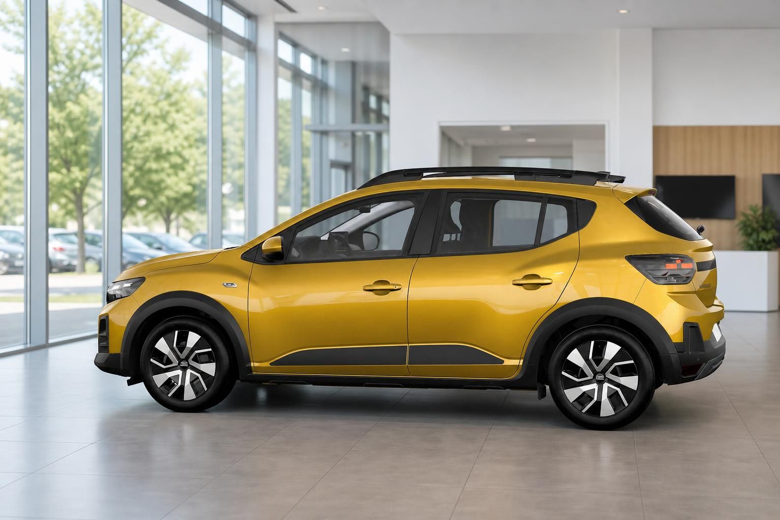 Dacia Sandero Stepway gelb Seitenansicht im Autohaus