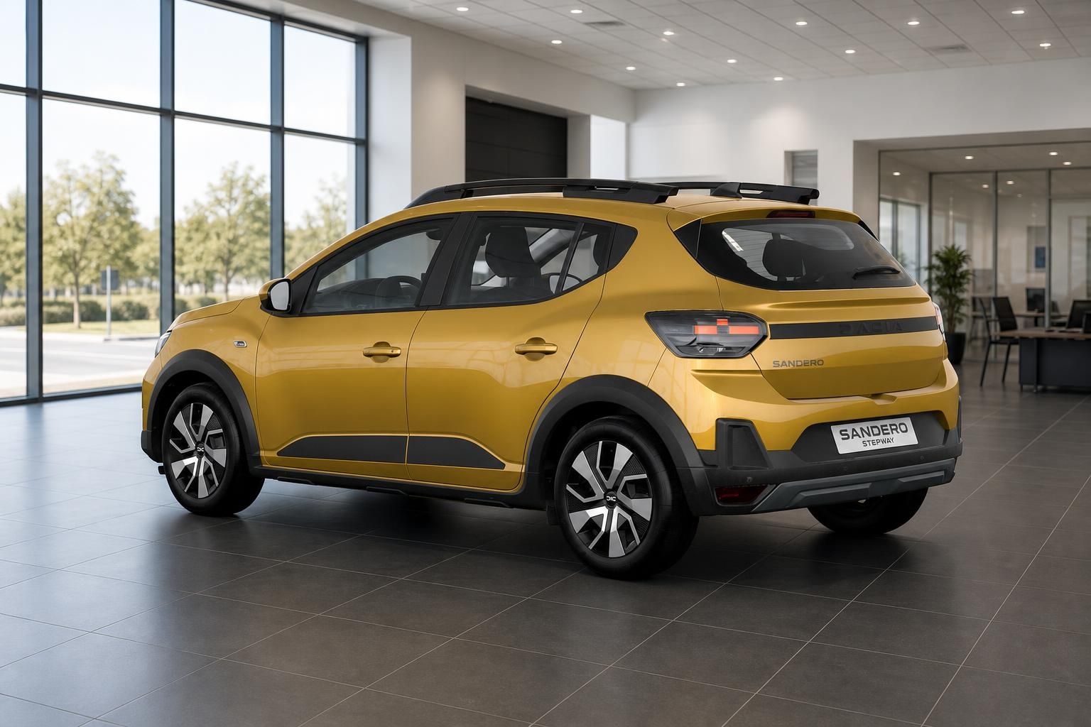Dacia Sandero Stepway gelb Heckansicht schraeg im Showroom
