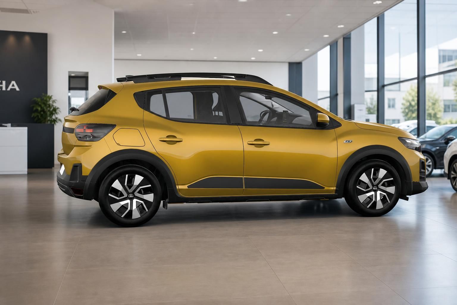 Dacia Sandero Stepway gelb Seitenansicht im Autohaus