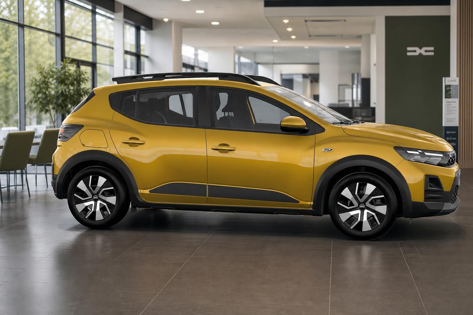 Dacia Sandero Stepway gelb Seitenansicht im Autohaus Showroom