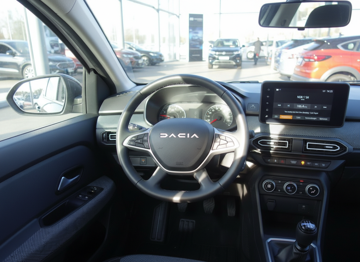 Dacia Innenraum mit Lenkrad, Cockpit und Infotainmentsystem – Fahrerbereich in grau