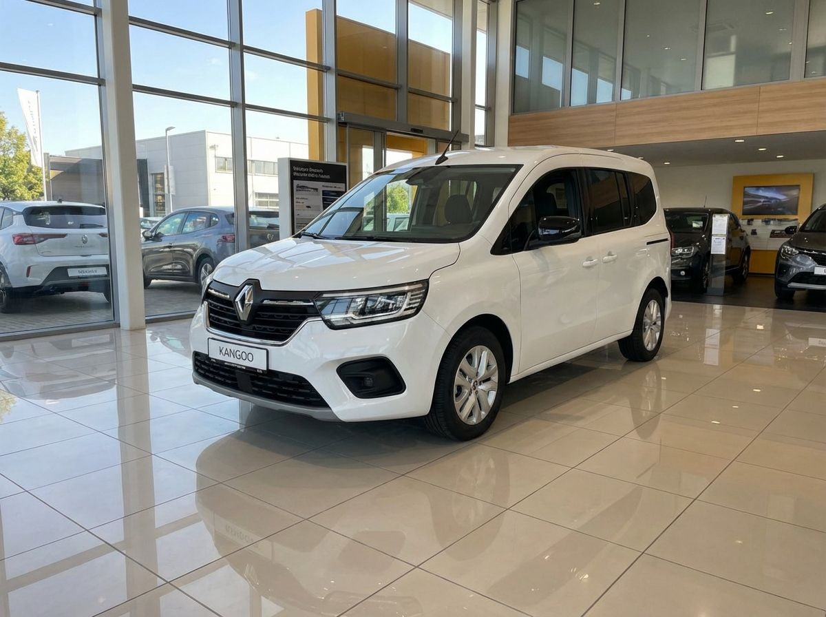 Renault Kangoo in Weiß im Autohaus Showroom – Frontansicht schräg