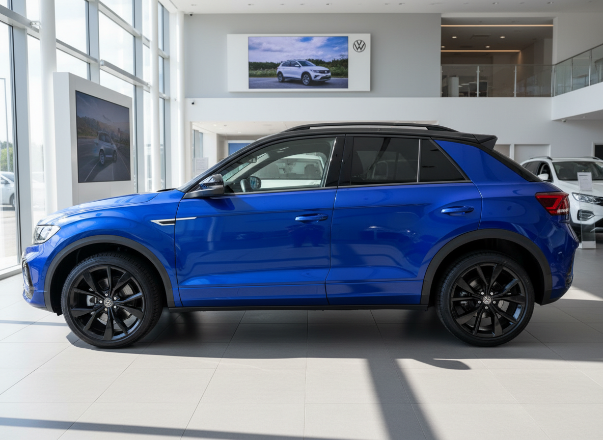Volkswagen T-Roc in Blau mit schwarzem Dach im Autohaus Showroom – Seitenansicht