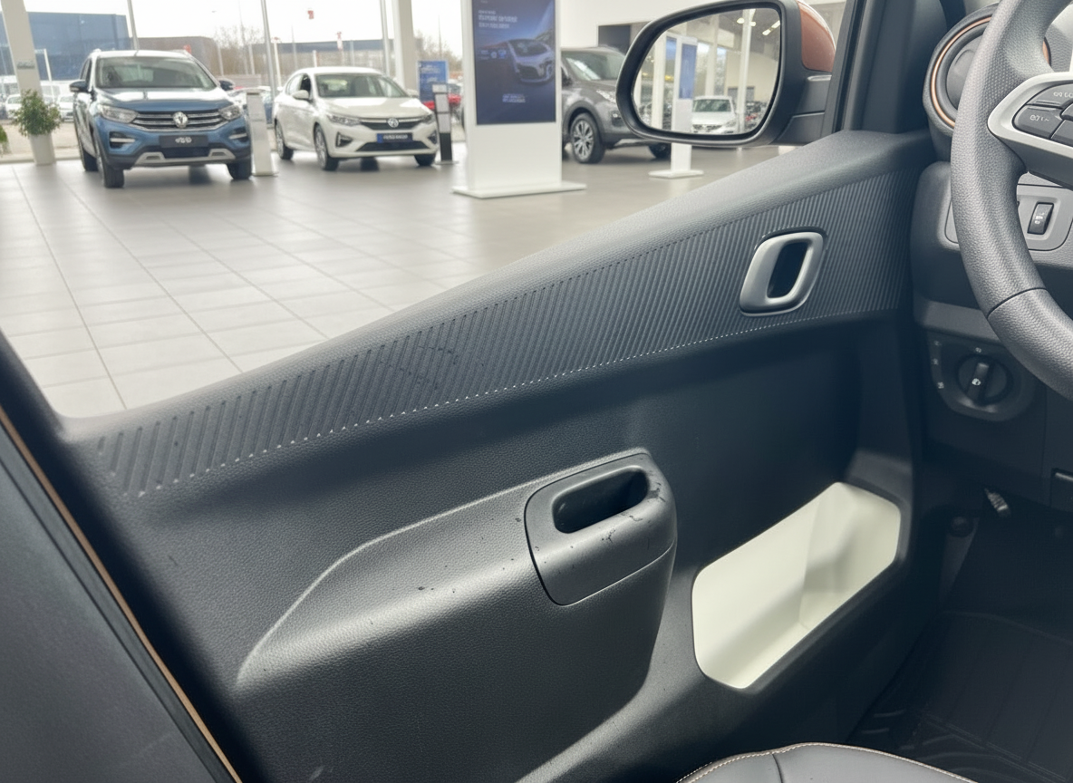 Fahrzeuginnenraum Türverkleidung mit Türgriff und Spiegel im Autohaus