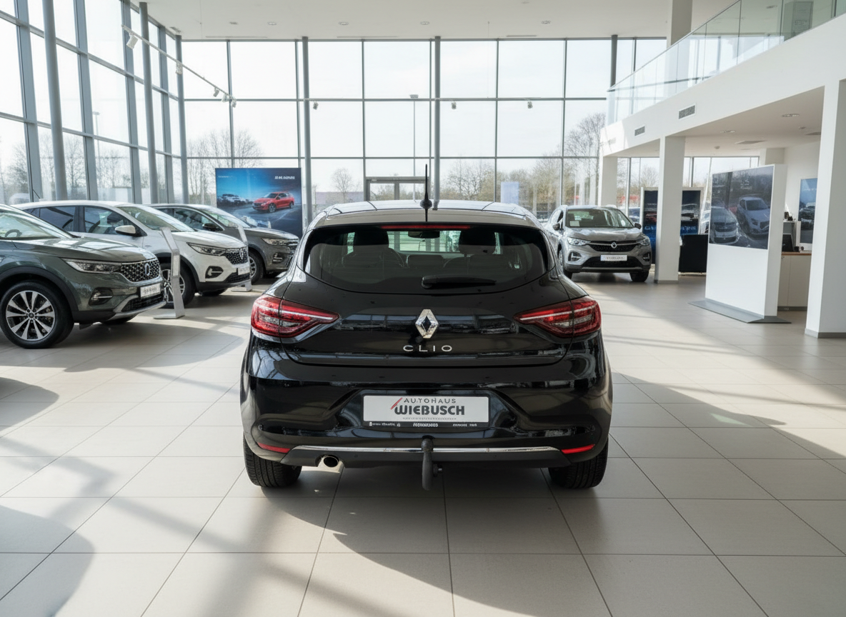 Schwarzer Renault Clio Heckansicht im Autohaus Wiebusch Showroom