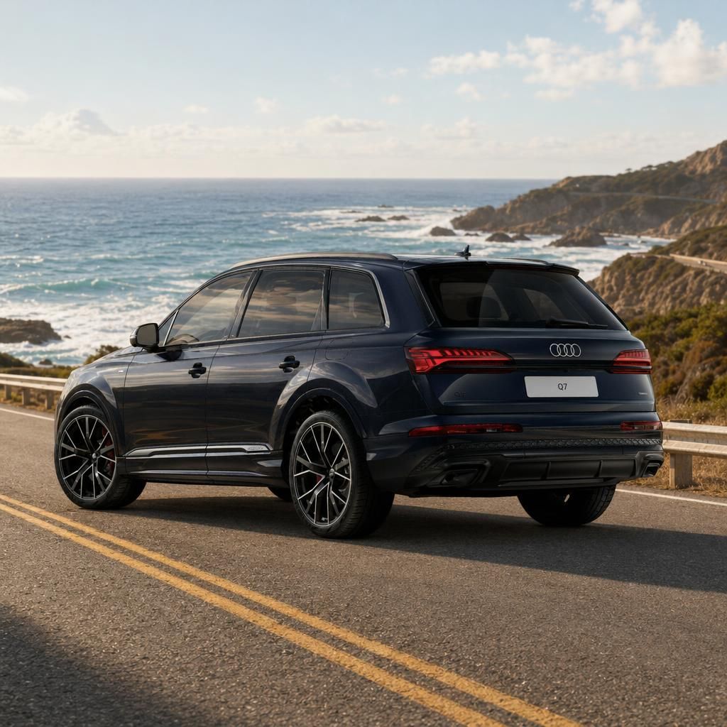 Audi Q7 SUV Heckansicht in dunkelblau mit sportlichen Felgen vor Küstenstraße und Meerespanorama