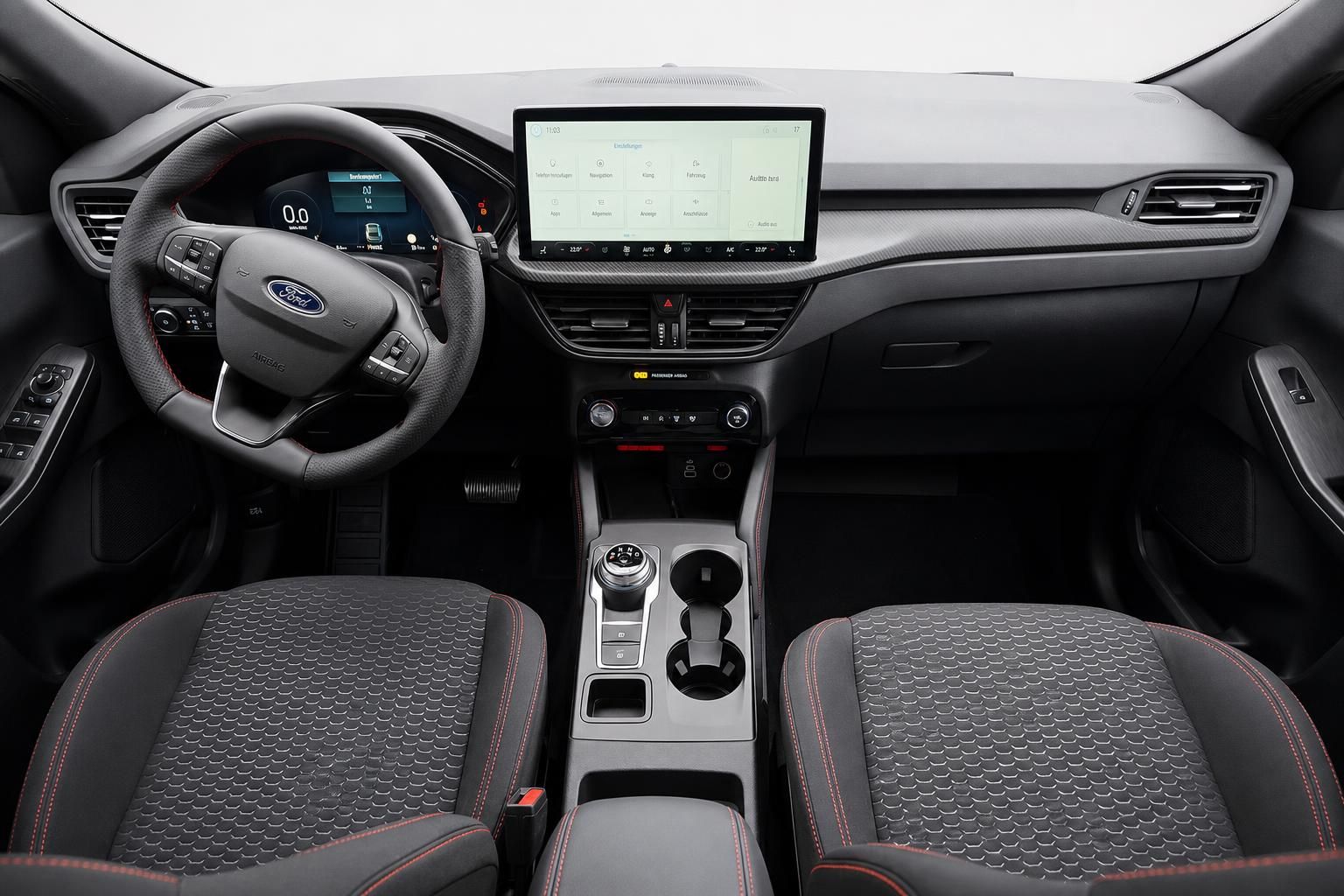 Ford Cockpit mit Lenkrad, Touchscreen und Mittelkonsole im Detail