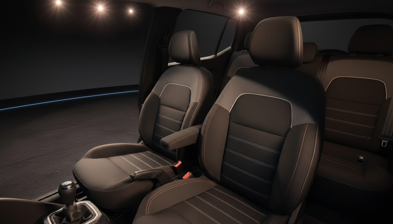 Fahrzeuginnenraum mit braunen Stoffsitzen, Kontrastnähten und manuellem Schaltgetriebe