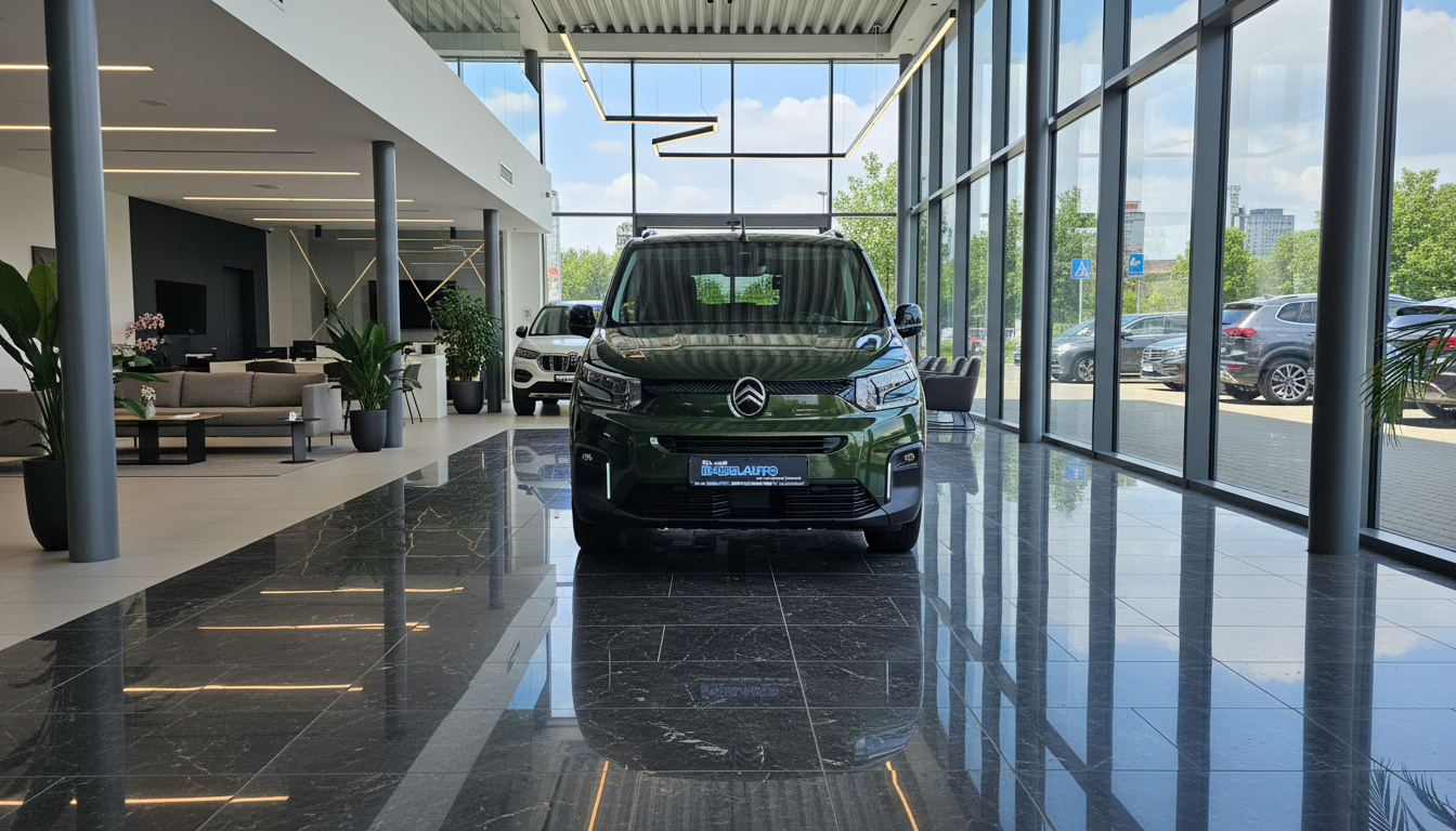 Neuer Citroën Berlingo in Khakigrün in modernem Autohaus-Showroom mit Glasfassade und poliertem Marmorboden