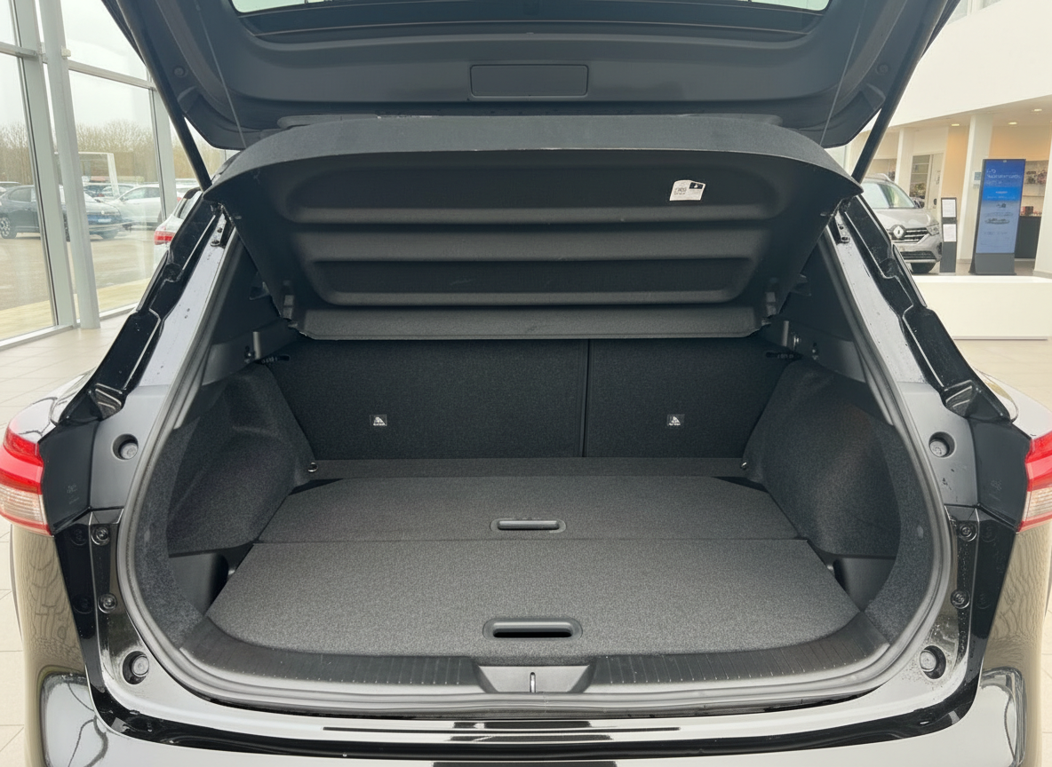 Kofferraum eines silbernen SUV mit geöffneter Heckklappe im Autohaus Showroom