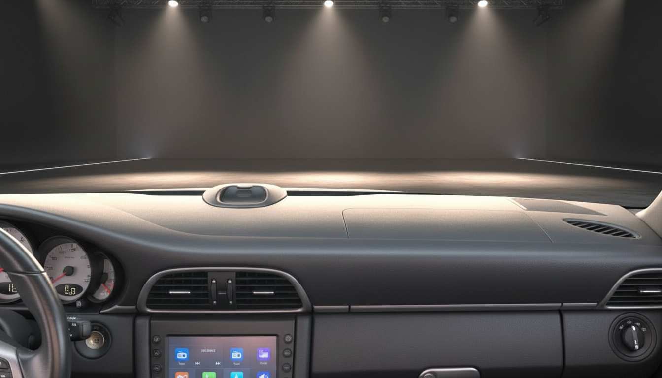 Porsche Innenraum Cockpit mit Armaturenbrett, Lenkrad und Infotainment-Display